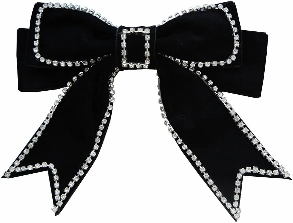 Black Velvet Bowknot Brooch Pin with Rhinestone Women Elegant Shirt Bow Tie Clips for Dress Hair Accessories