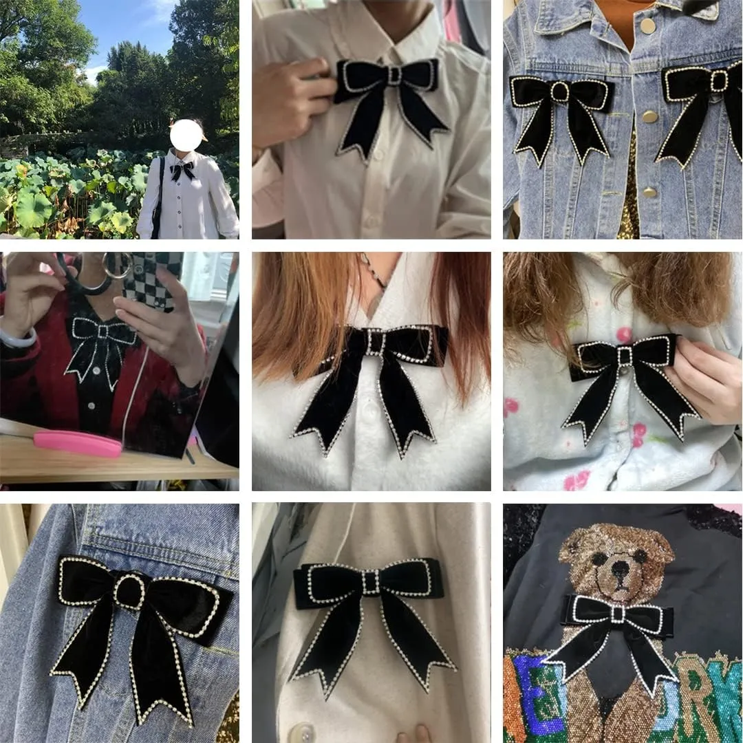 Black Velvet Bowknot Brooch Pin with Rhinestone Women Elegant Shirt Bow Tie Clips for Dress Hair Accessories