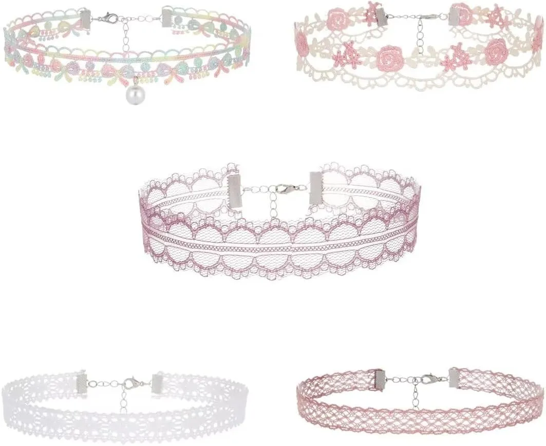 Blue Drop Lace Choker Necklaces Set Pink Choker Necklace For Women Flower Sunflower Chokers Rose Floral Choker Necklace Fairy Flower Choker Collars Jewelry Gifts 5Pcs
