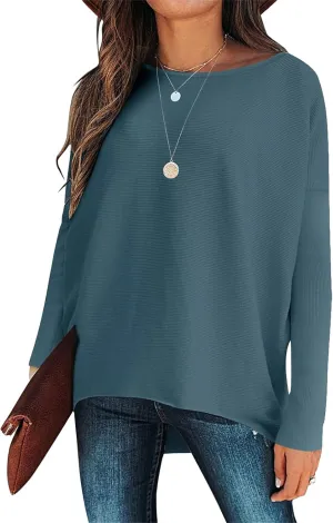 Boat Neck Sweaters for Women Batwing Long Sleeve Fall Oversized Ribbed Knit Pullover Baggy Jumper Tunic Tops