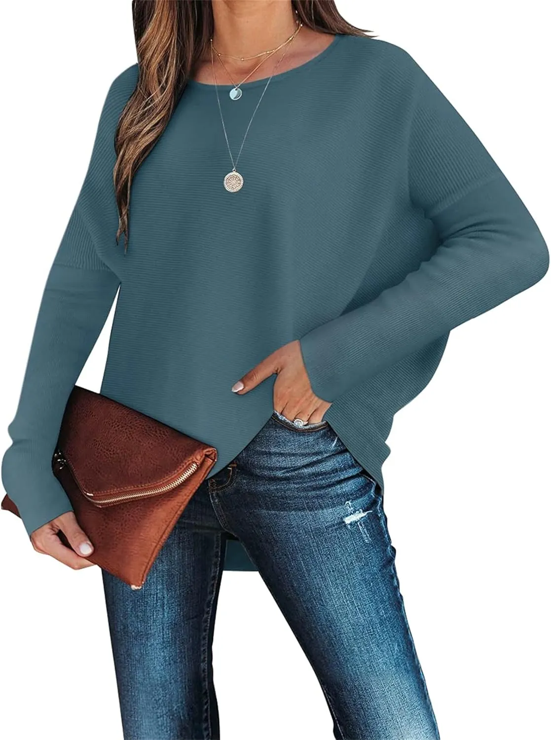 Boat Neck Sweaters for Women Batwing Long Sleeve Fall Oversized Ribbed Knit Pullover Baggy Jumper Tunic Tops