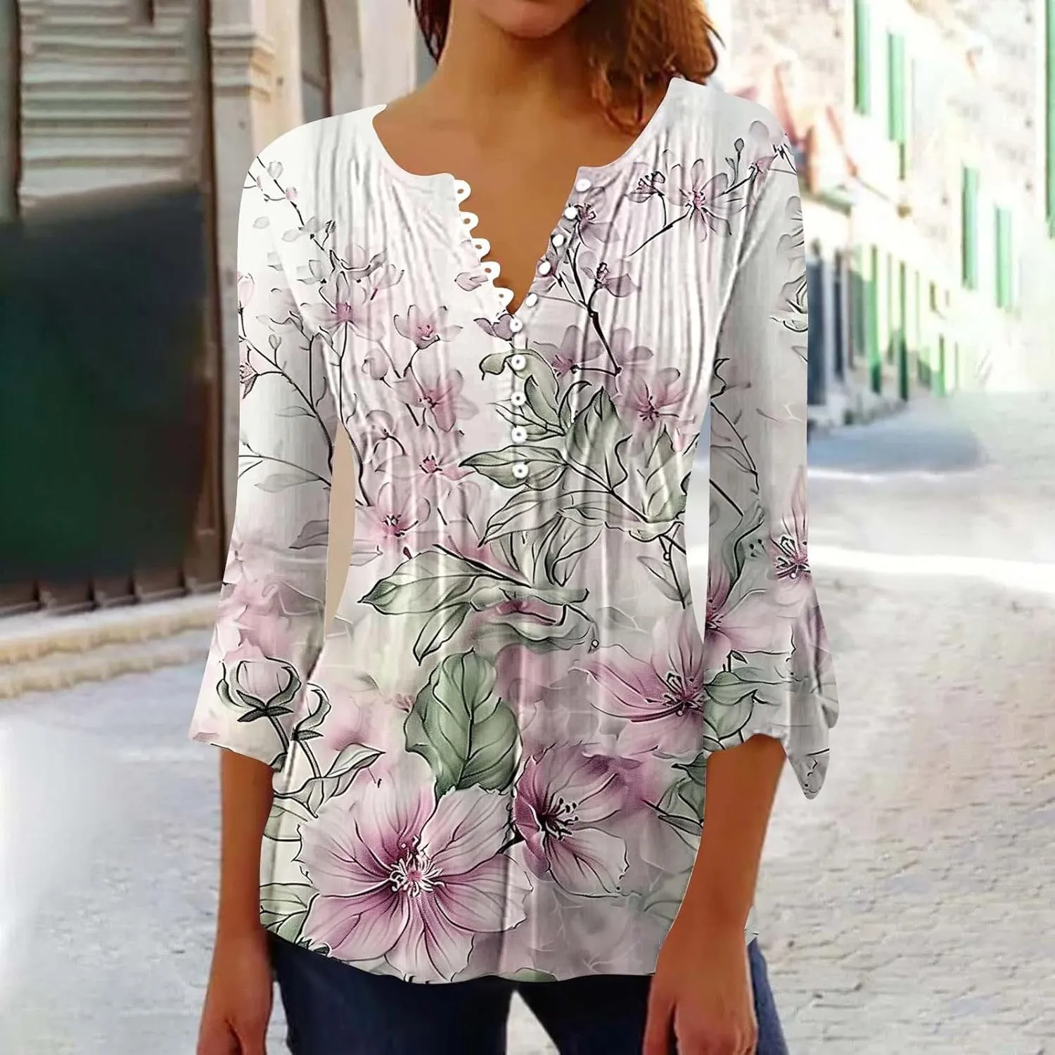 Bohemian Tops for Women Trendy Sexy Elegant T-Shirts Boho Floral Print 3/4 Bell Sleeve v Neck Shirts Blouses