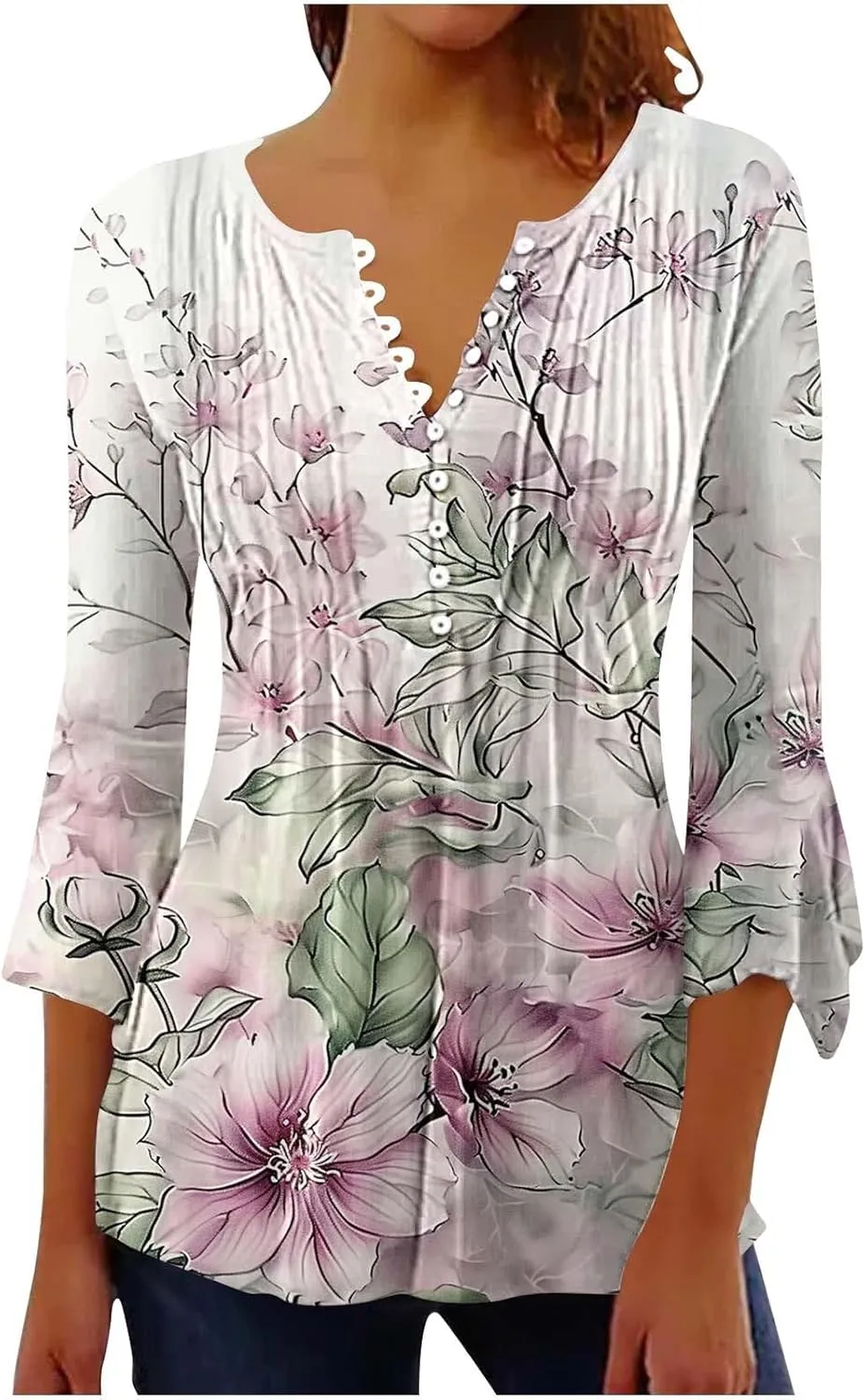 Bohemian Tops for Women Trendy Sexy Elegant T-Shirts Boho Floral Print 3/4 Bell Sleeve v Neck Shirts Blouses