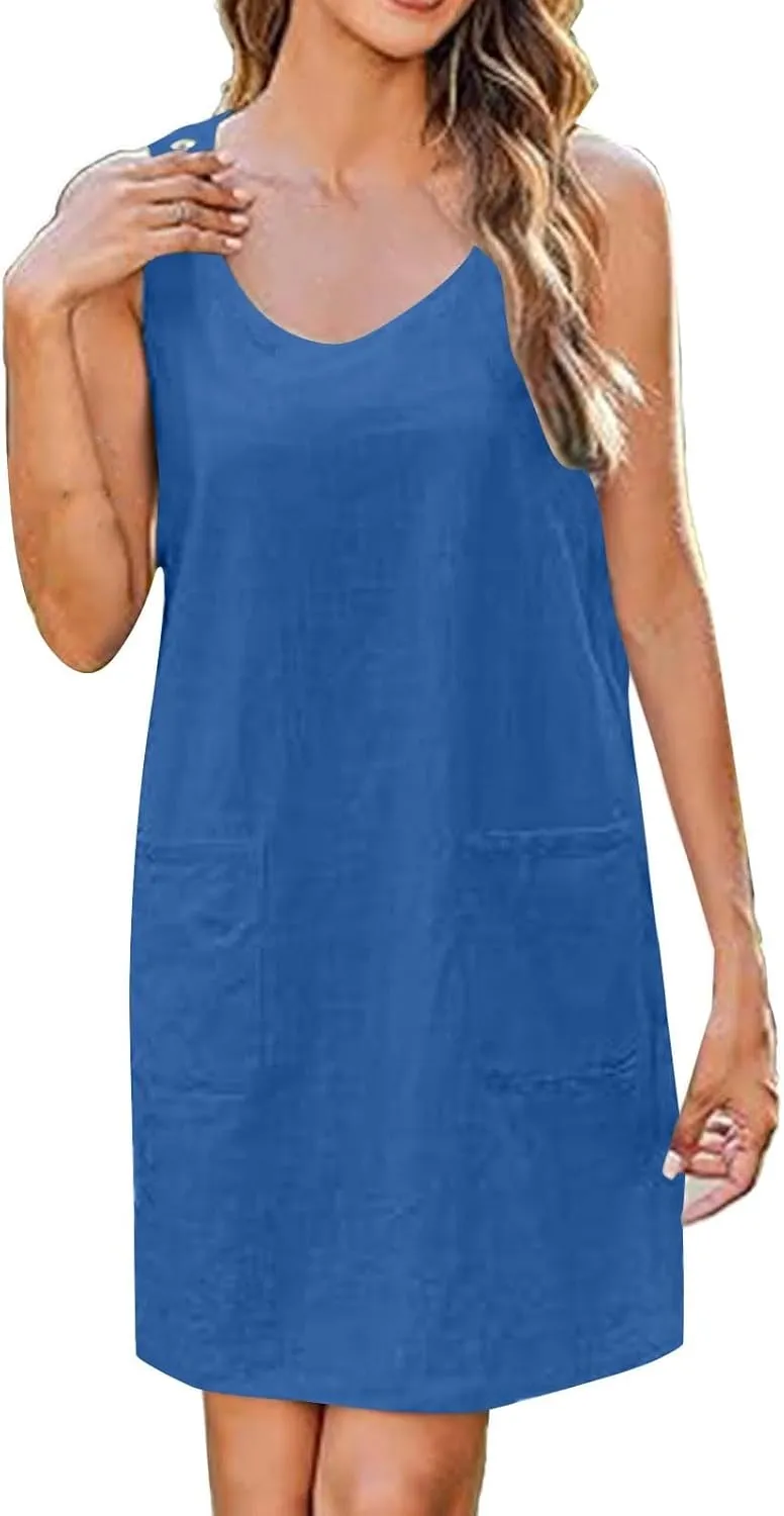 Boho Dress for Women Summer Solid Color Round Neck Sleeveless Mini Dress Casual Button Strap Sundresses with Pockets