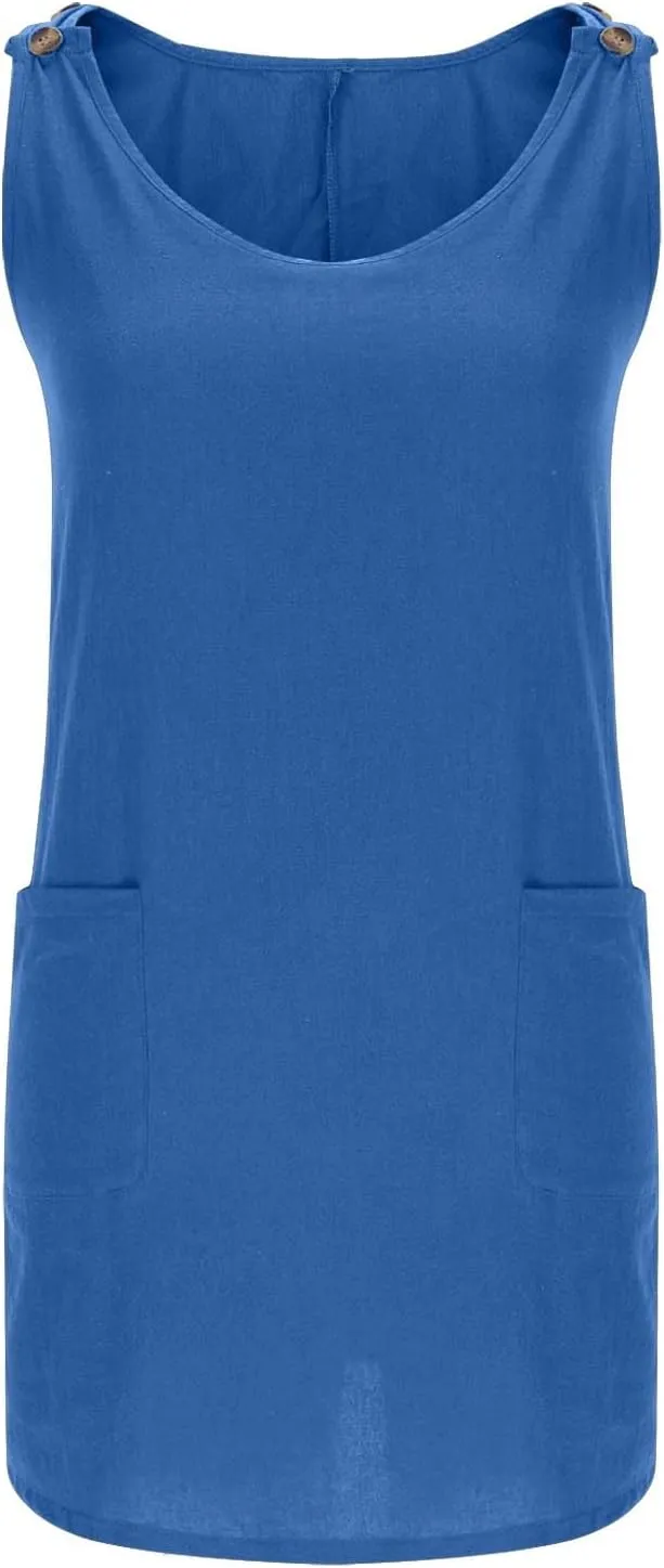 Boho Dress for Women Summer Solid Color Round Neck Sleeveless Mini Dress Casual Button Strap Sundresses with Pockets