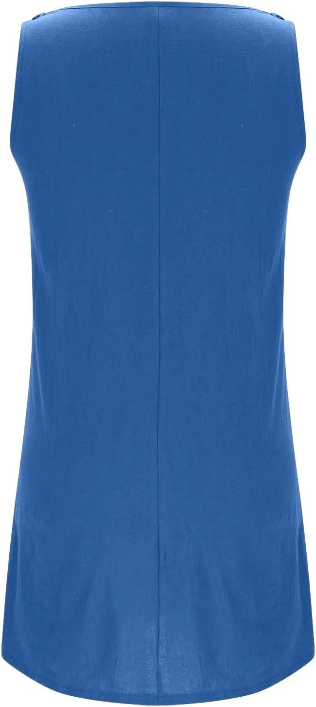 Boho Dress for Women Summer Solid Color Round Neck Sleeveless Mini Dress Casual Button Strap Sundresses with Pockets