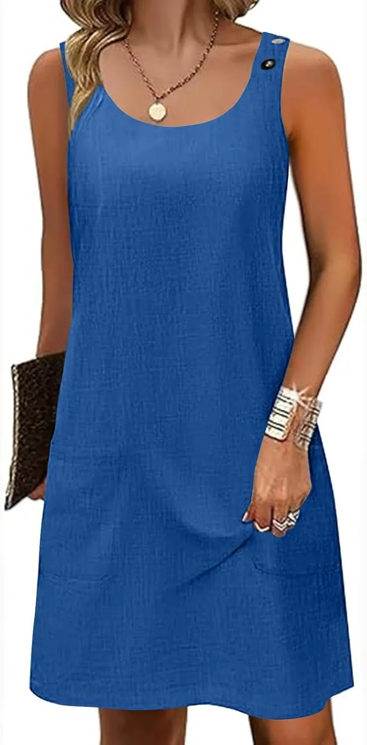 Boho Dress for Women Summer Solid Color Round Neck Sleeveless Mini Dress Casual Button Strap Sundresses with Pockets