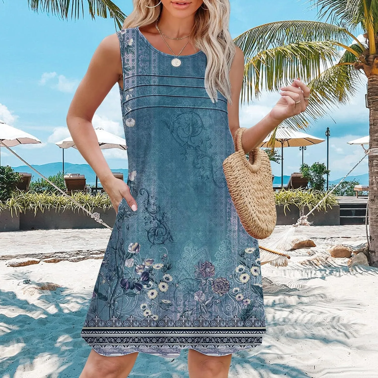 Boho Summer Dresses for Women Womens with Pockets Summer Casual Tank Dress Sleeveless Midi Beach Dress Linen Dress