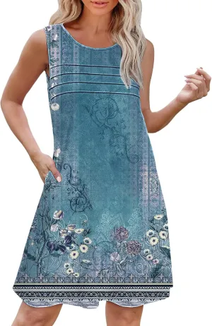 Boho Summer Dresses for Women Womens with Pockets Summer Casual Tank Dress Sleeveless Midi Beach Dress Linen Dress