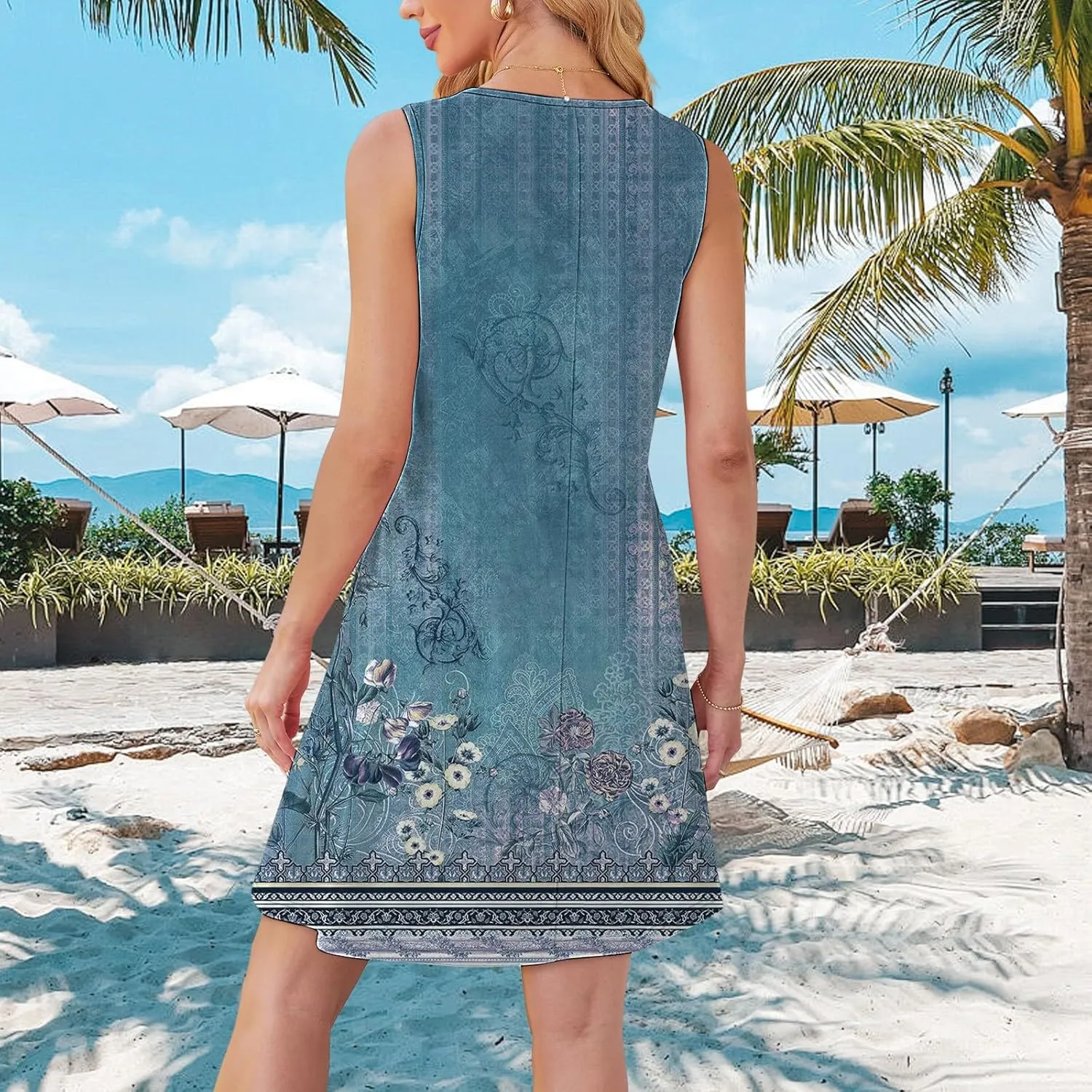 Boho Summer Dresses for Women Womens with Pockets Summer Casual Tank Dress Sleeveless Midi Beach Dress Linen Dress