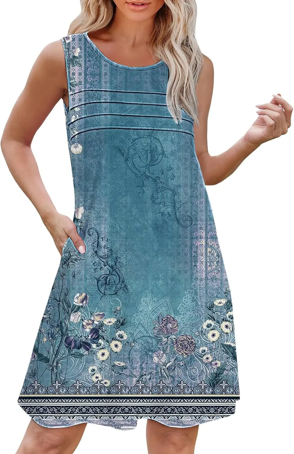 Boho Summer Dresses for Women Womens with Pockets Summer Casual Tank Dress Sleeveless Midi Beach Dress Linen Dress