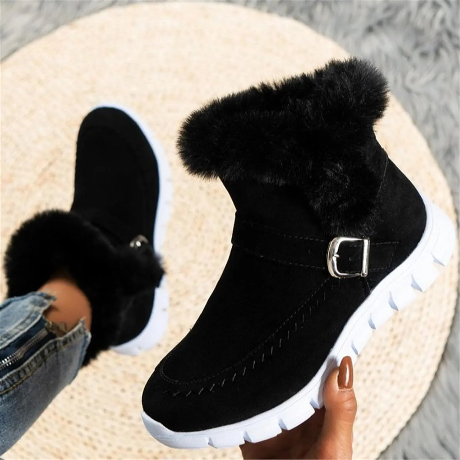 Boots For Women Ankle Booties With Fur Lined Warm Snow Winter Boots Casual Fashion Comfortable Slip On Loafers Shoes