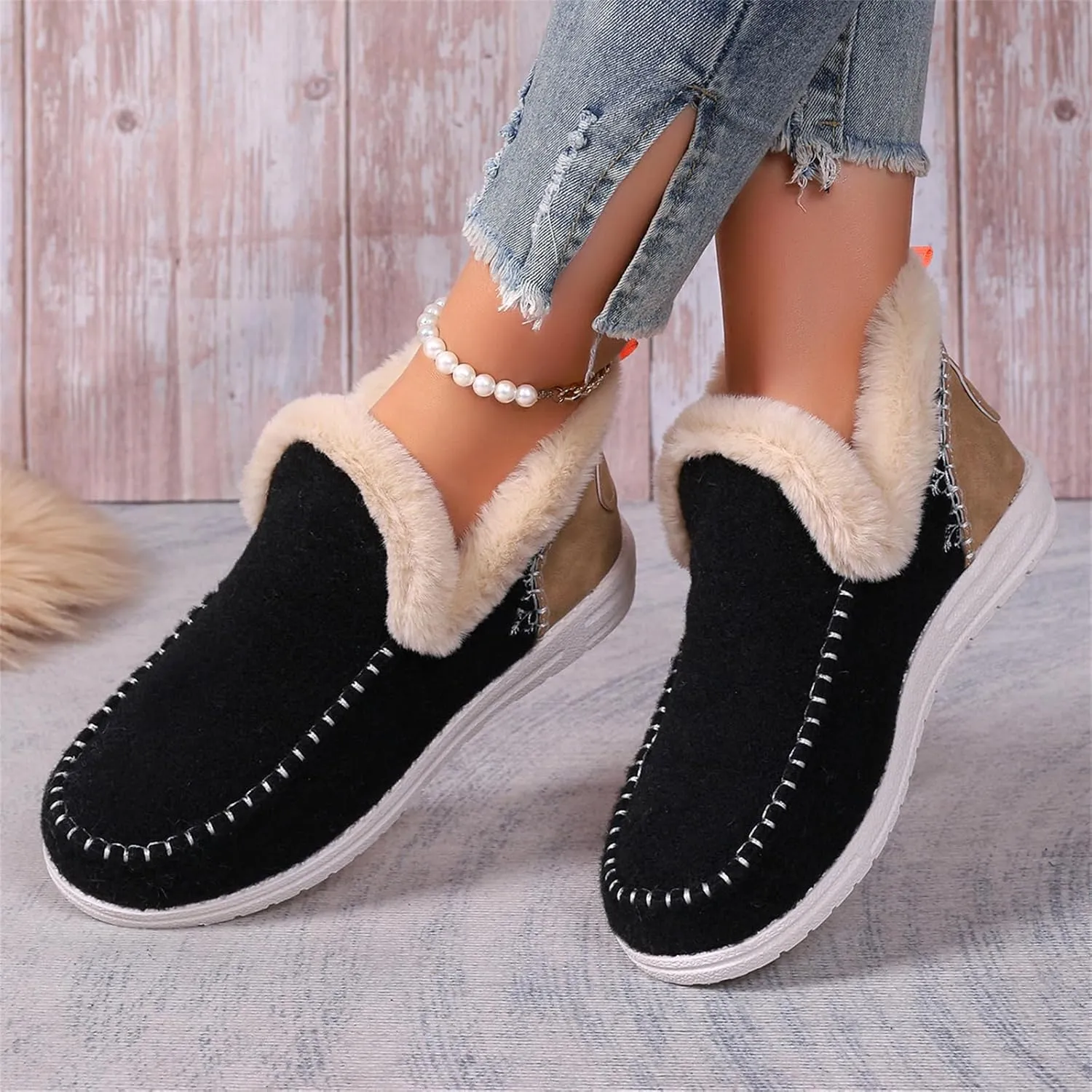 Boots For Women Ankle Booties With Fur Lined Warm Winter Snow Boots Casual Fashion Trendy Comfortable Loafers Shoes