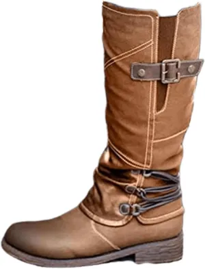 Boots For Women Knee High Wide Calf Leather Low Heel Round-Toe Side Zip Combat Boots Motorcycle Riding Biker Boots
