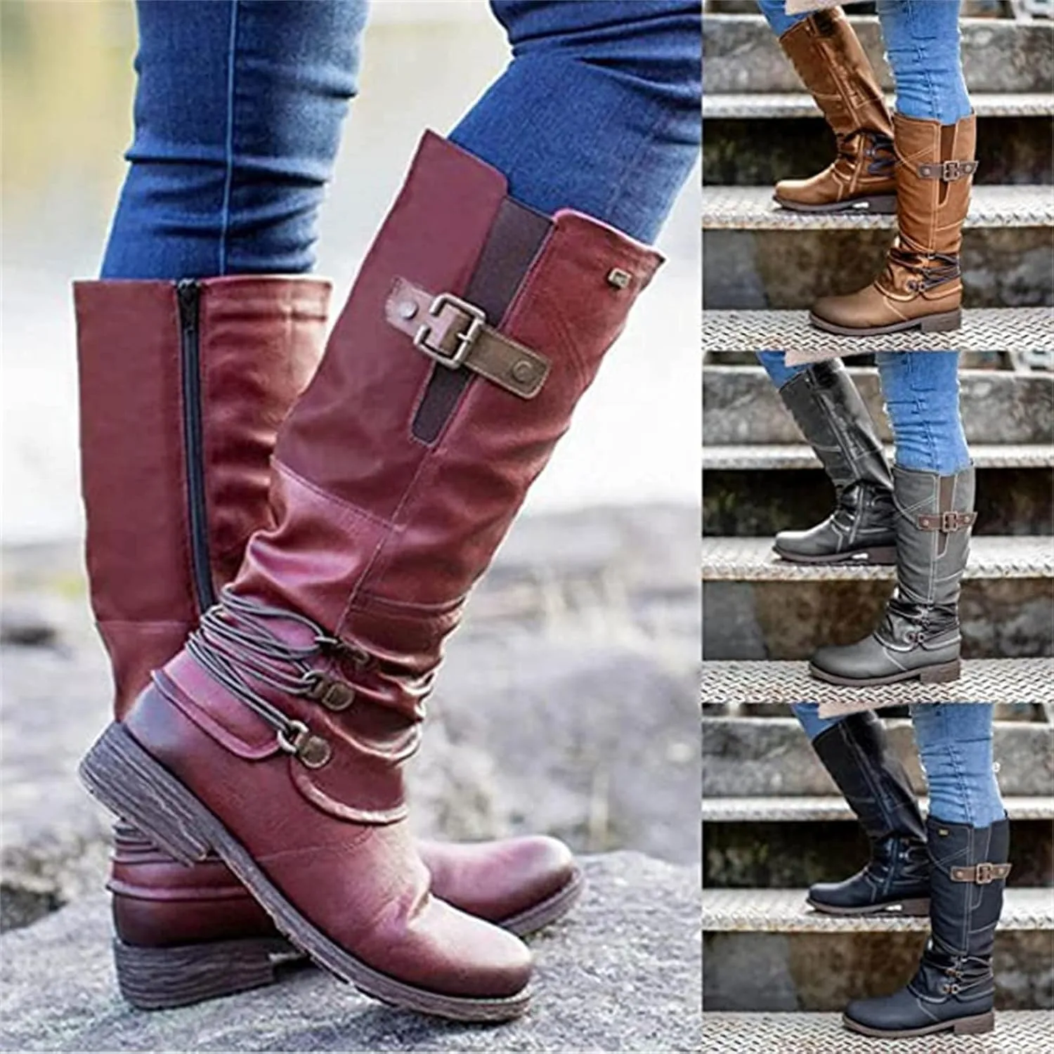 Boots For Women Knee High Wide Calf Leather Low Heel Round-Toe Side Zip Combat Boots Motorcycle Riding Biker Boots