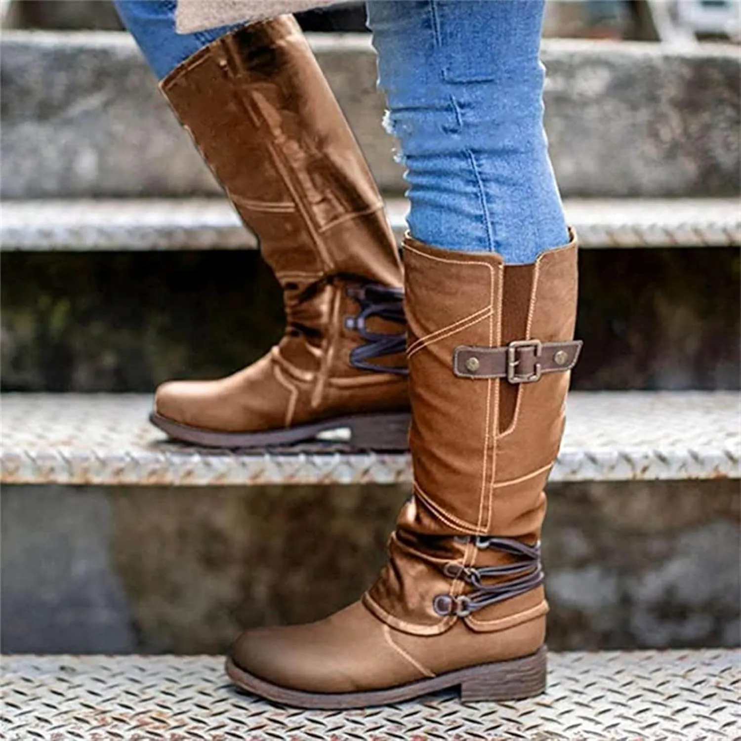 Boots For Women Knee High Wide Calf Leather Low Heel Round-Toe Side Zip Combat Boots Motorcycle Riding Biker Boots