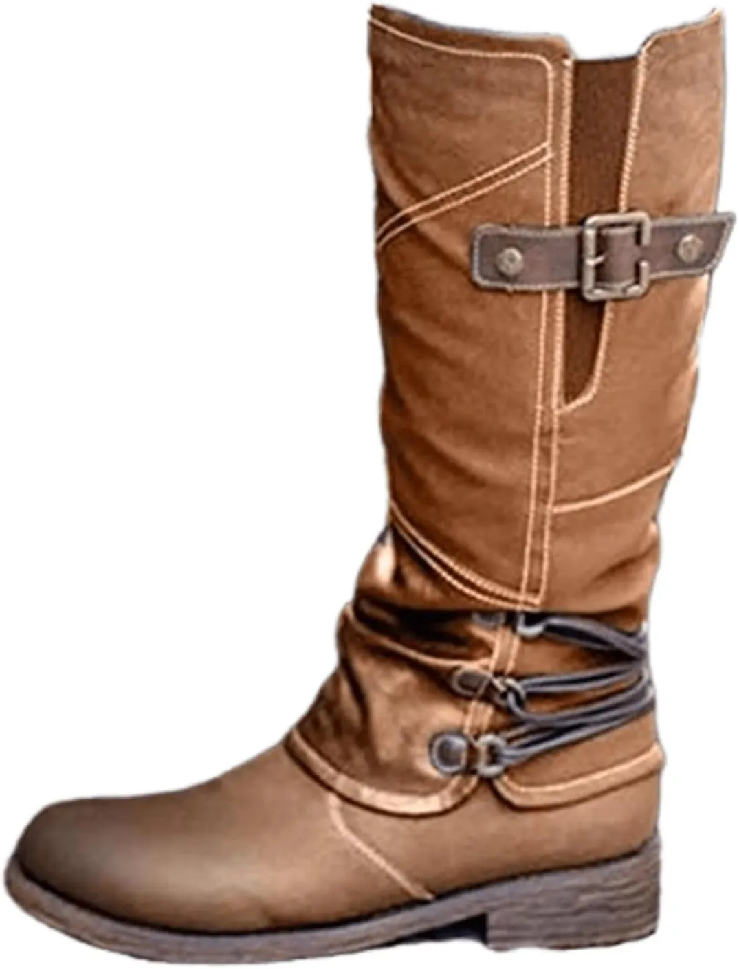 Boots For Women Knee High Wide Calf Leather Low Heel Round-Toe Side Zip Combat Boots Motorcycle Riding Biker Boots