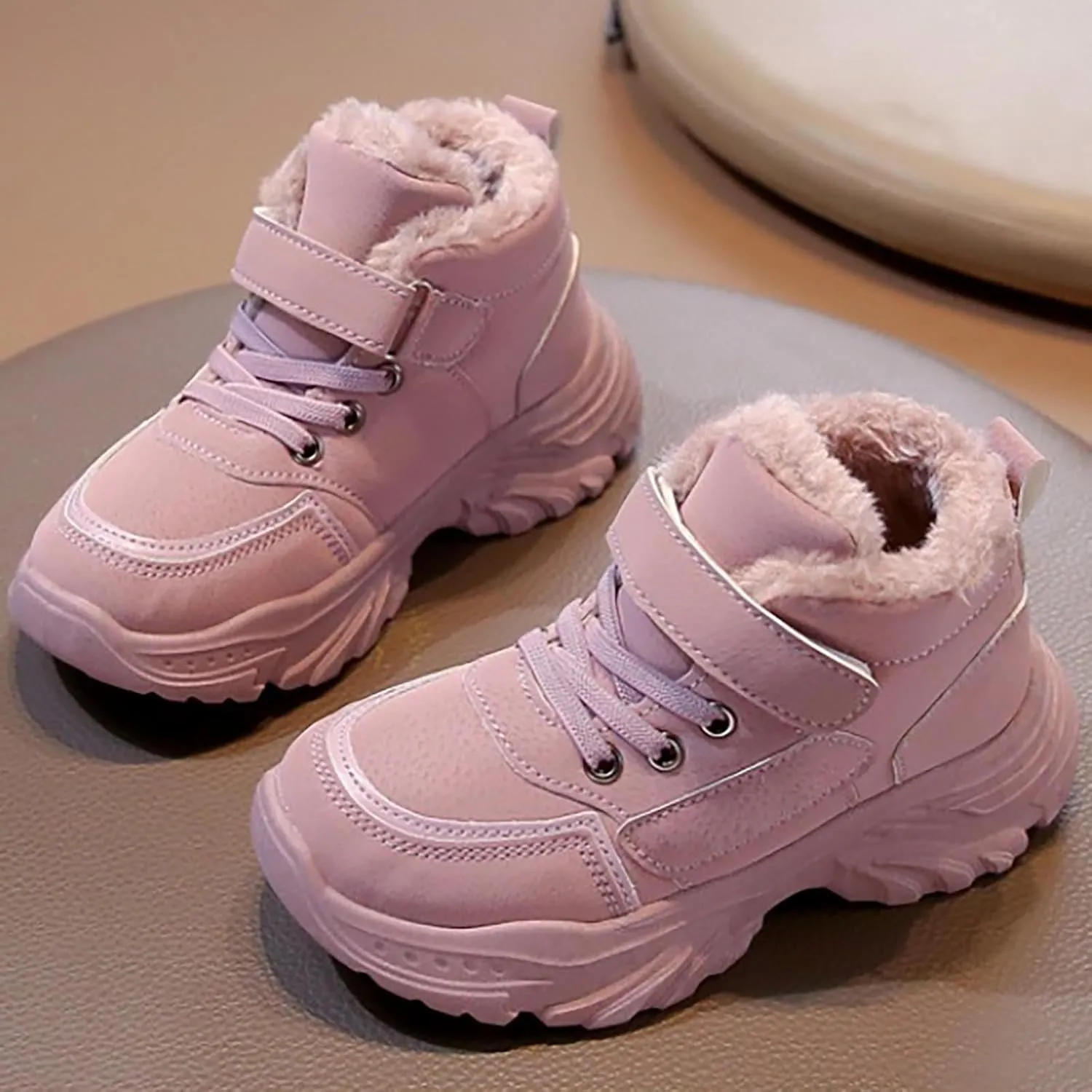 Boys Girls Plush Ankle Boots Winter Slip On Warm  Lined Snow Booties Lightweight Water-Proof Sport Shoes