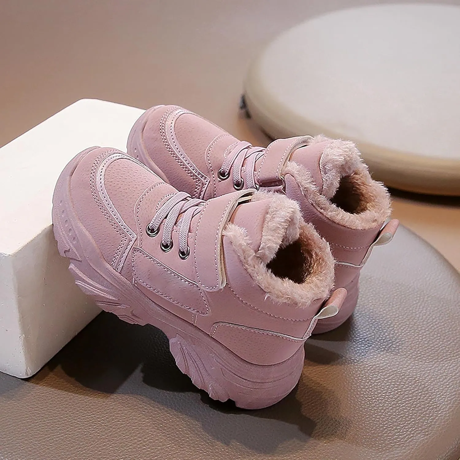 Boys Girls Plush Ankle Boots Winter Slip On Warm  Lined Snow Booties Lightweight Water-Proof Sport Shoes