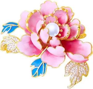 Brooches For WomenFlower Broach14k Gold Plated Copper,Cubic Zirconia peony Enamel Brooch Pins For Women Pearl Broach