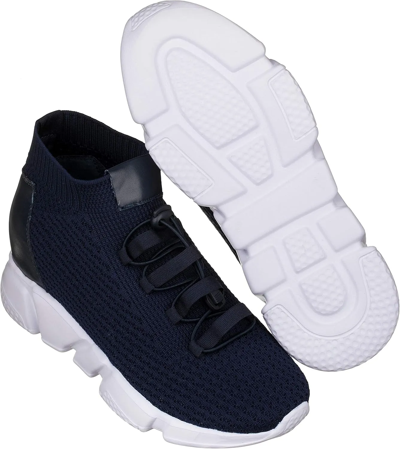 CALTO Men's Invisible Height Increasing Elevator Shoes - Dark Blue Kintted Ultra Lightweight Slip-on Sporty Trainer Sneakers - 3.2 Inches Taller - H1722 - Size 9 D(M) US