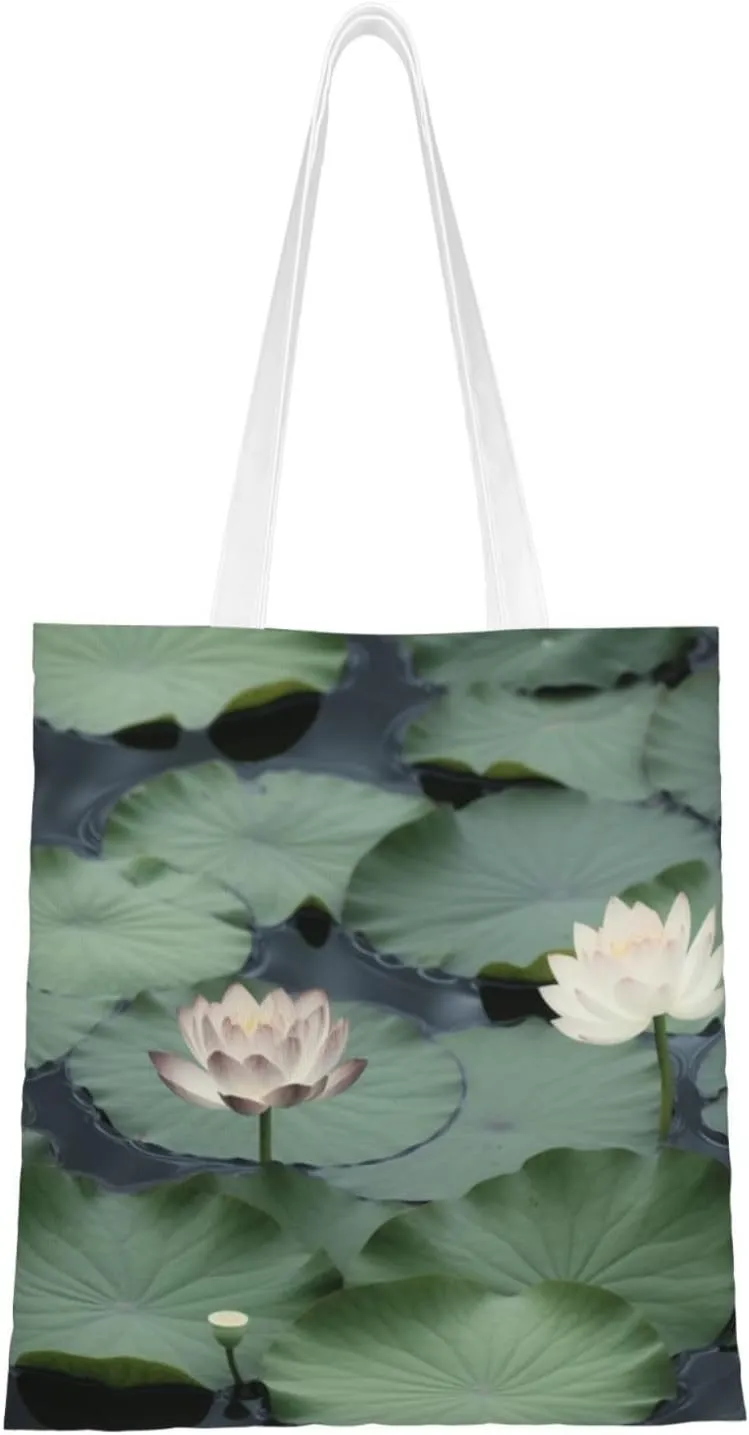 Canvas Tote Bag for Women Shoulder Tote Purse Reusable Grocery Bag Black Lily Pads Aesthetic Shopping Bags