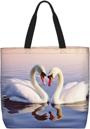Canvas Tote Bag for Women Shoulder Tote Purse Reusable Grocery Bag swan heart Aesthetic Shopping Bags