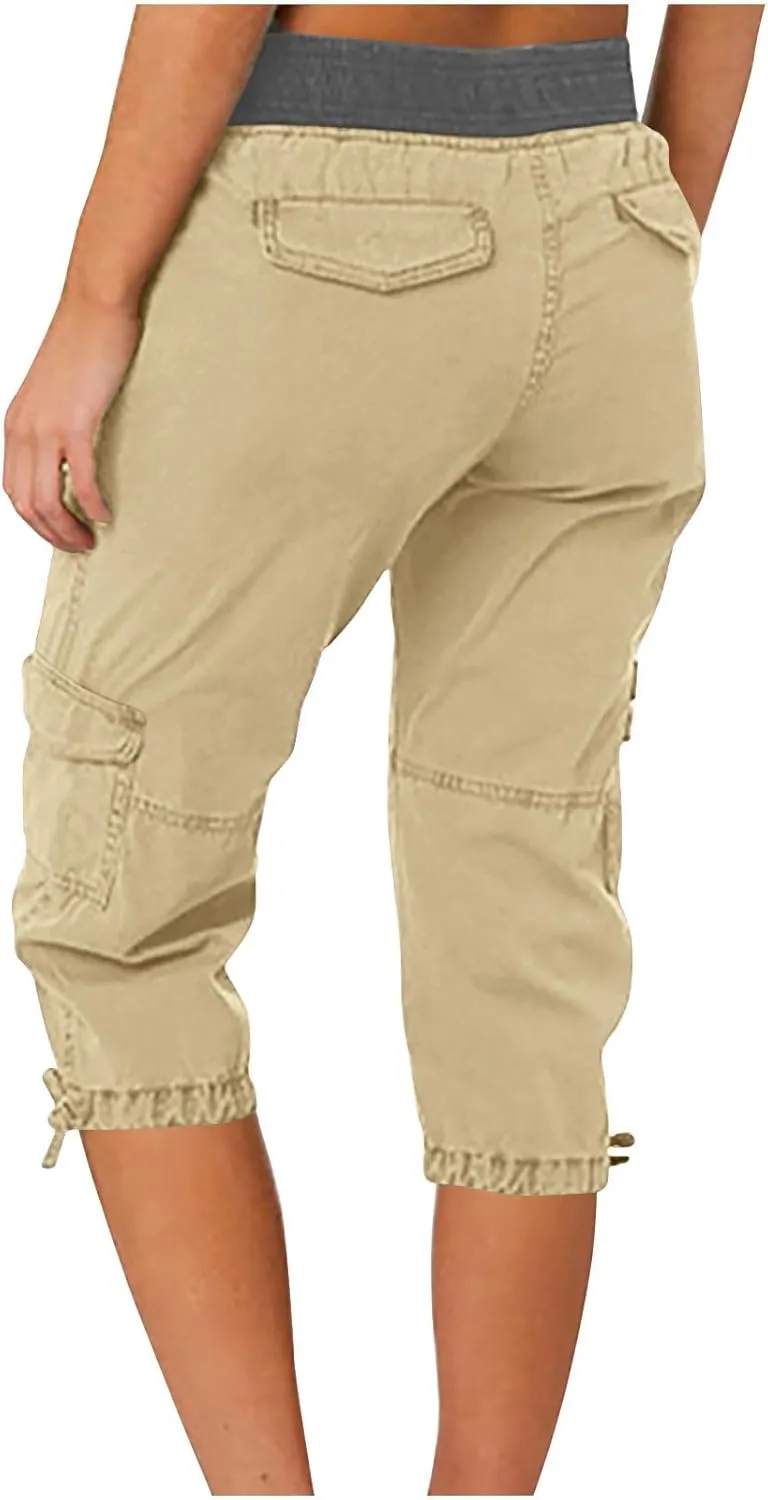 Capri Pants for Women Summer Cargo Pants Casual High Waisted Tie Knot Adjustable Bottom Cropped Pants Lounge Capris
