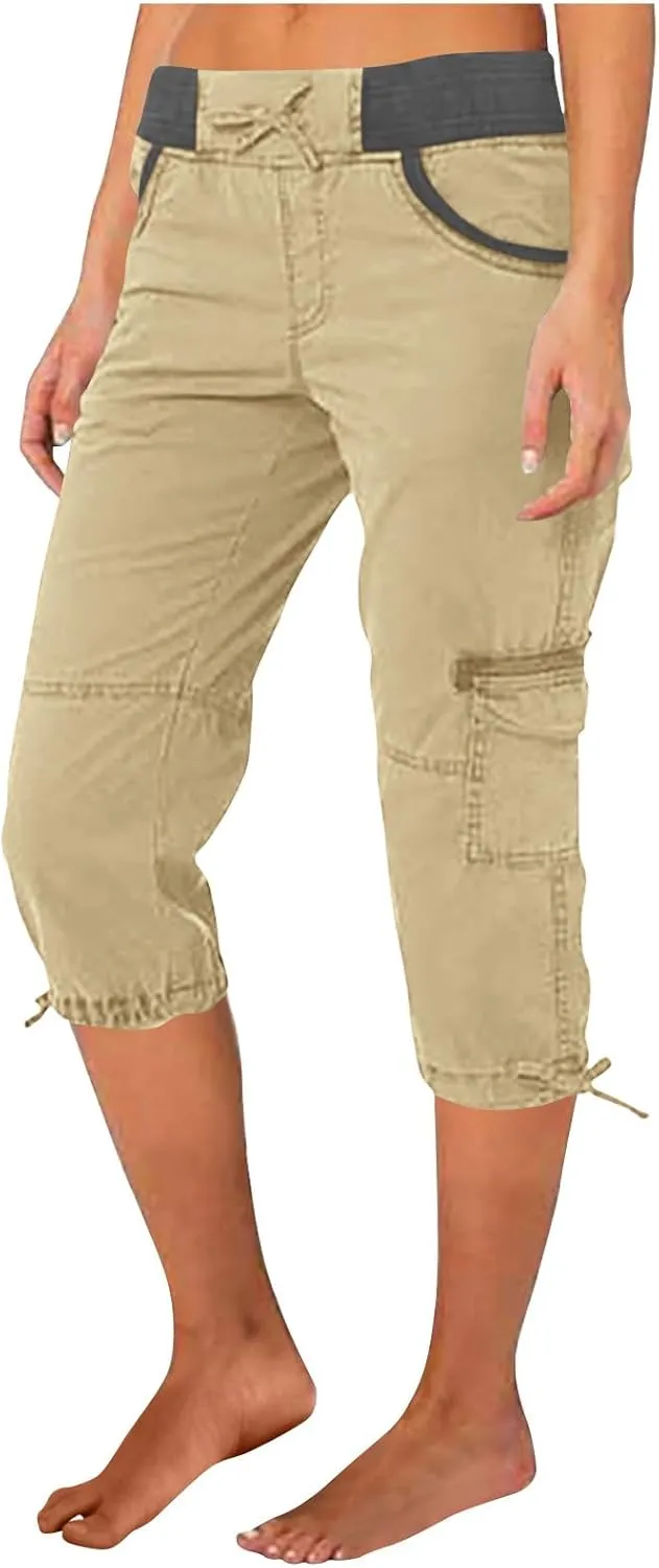 Capri Pants for Women Summer Cargo Pants Casual High Waisted Tie Knot Adjustable Bottom Cropped Pants Lounge Capris