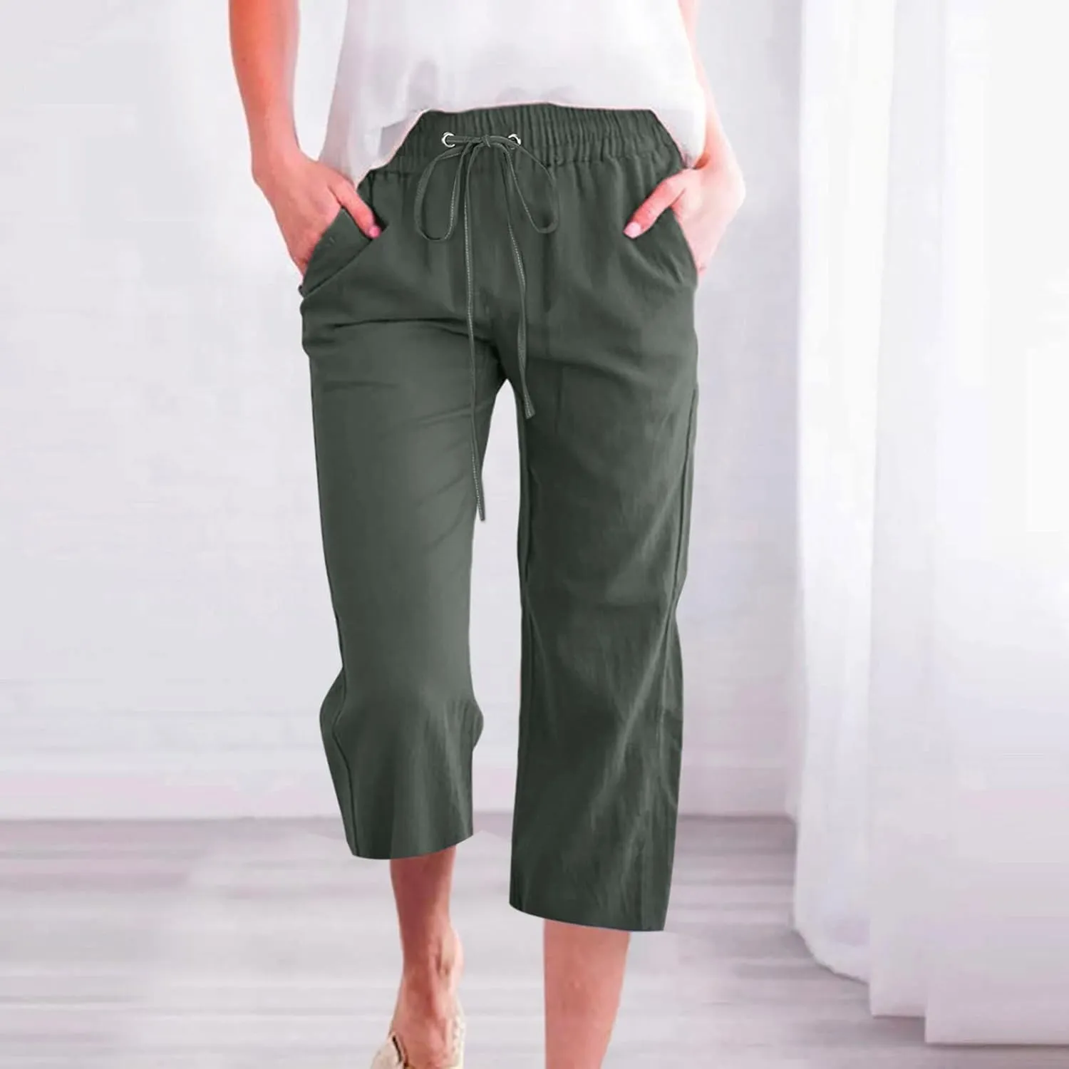 Capris Pants for Women 2025 Cotton Linen Summer Plus Size Capri High Waist Elastic Straight Leg Beach Cropped Pants