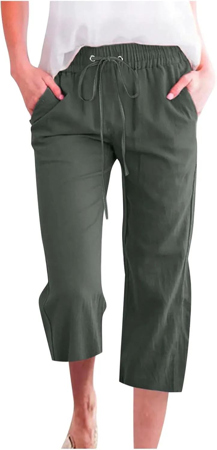 Capris Pants for Women 2025 Cotton Linen Summer Plus Size Capri High Waist Elastic Straight Leg Beach Cropped Pants