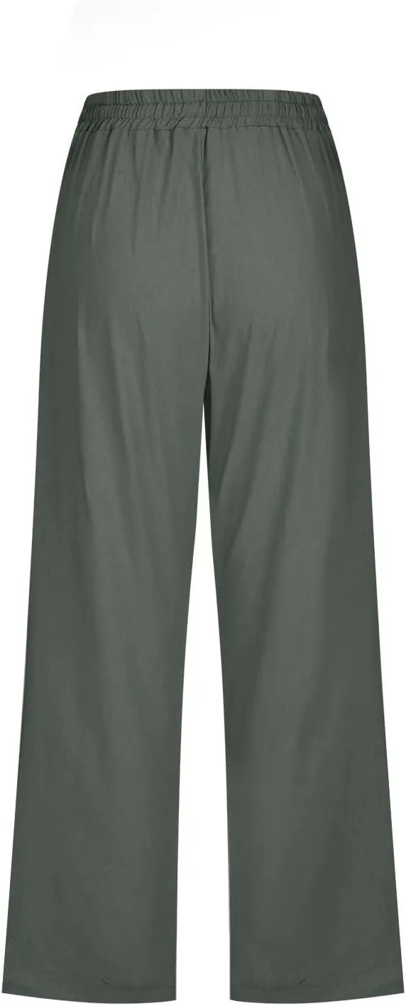 Capris Pants for Women 2025 Cotton Linen Summer Plus Size Capri High Waist Elastic Straight Leg Beach Cropped Pants