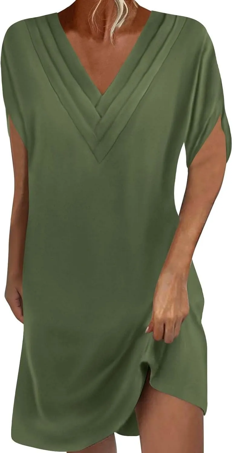 Casual Dresses for Women 2025 Solid V Neck Batwing Sleeve Mini Dress Summer Going Out Dress for Ladies