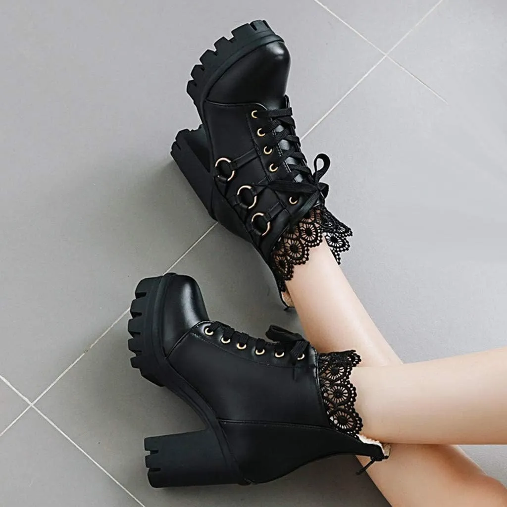 Cathalem Ankle Boots for Women Lace Up Chunky High Heels Ankle Boots Lace Buckle Gothic Booties Zipper Punk Shoes