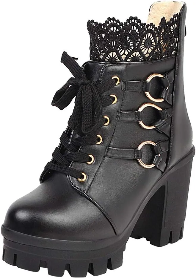 Cathalem Ankle Boots for Women Lace Up Chunky High Heels Ankle Boots Lace Buckle Gothic Booties Zipper Punk Shoes