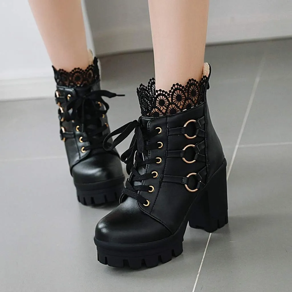 Cathalem Ankle Boots for Women Lace Up Chunky High Heels Ankle Boots Lace Buckle Gothic Booties Zipper Punk Shoes