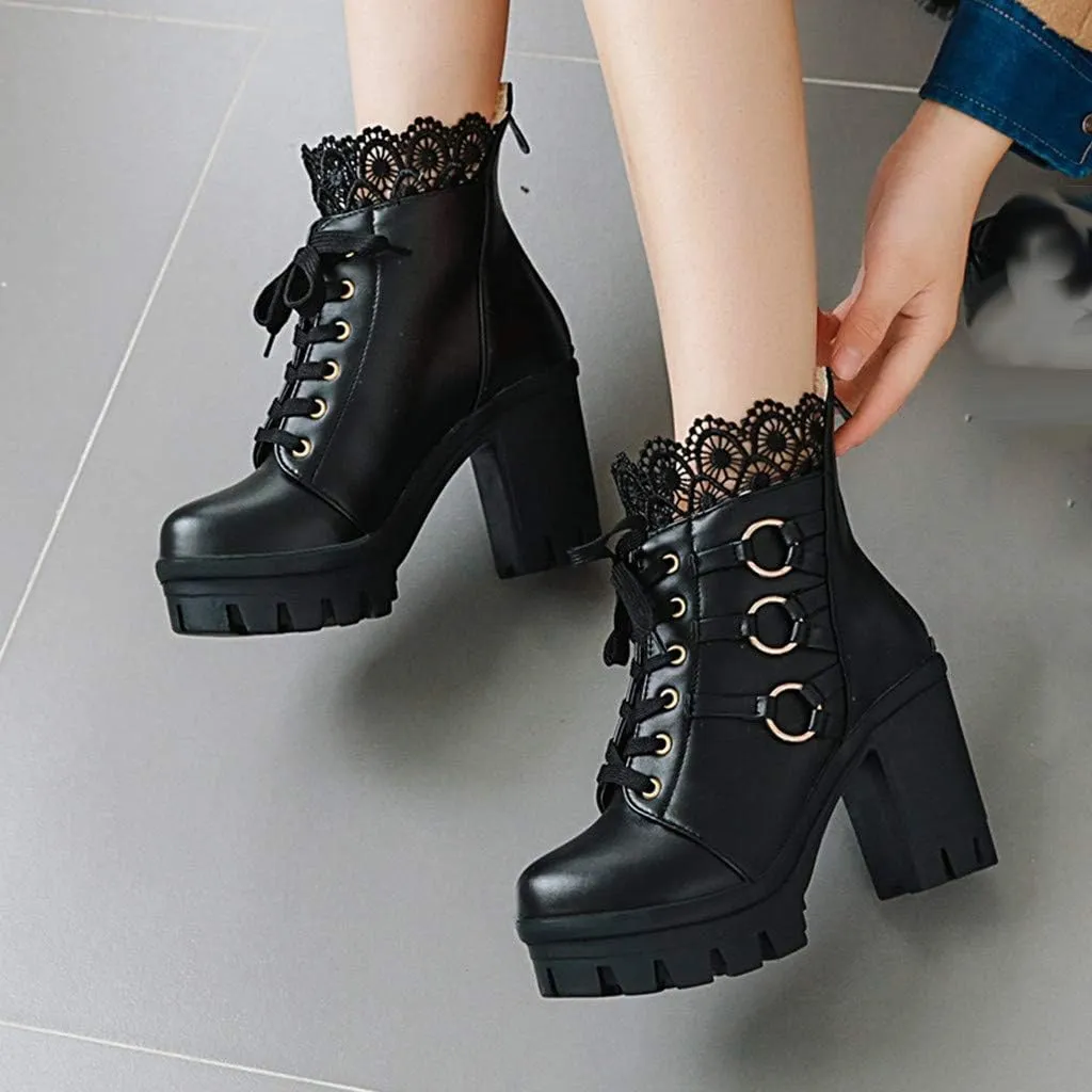 Cathalem Ankle Boots for Women Lace Up Chunky High Heels Ankle Boots Lace Buckle Gothic Booties Zipper Punk Shoes