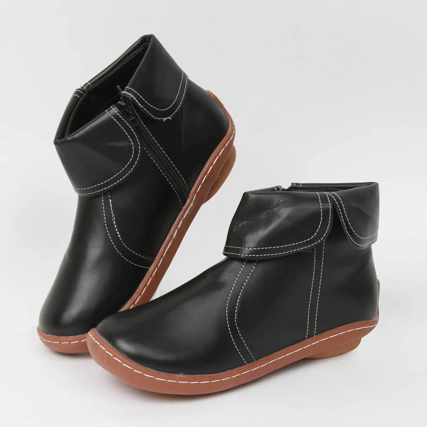 Cathalem Ankle Boots for Women No Heel Arch Support Booties Side Zip-up Vintage Leather Damping Shoes Flat Heel Booties