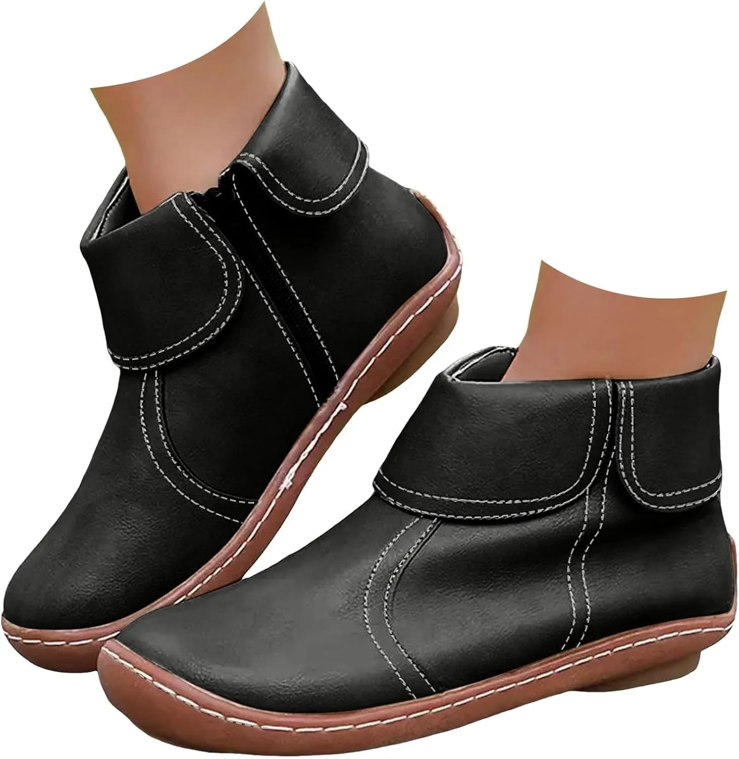 Cathalem Ankle Boots for Women No Heel Arch Support Booties Side Zip-up Vintage Leather Damping Shoes Flat Heel Booties
