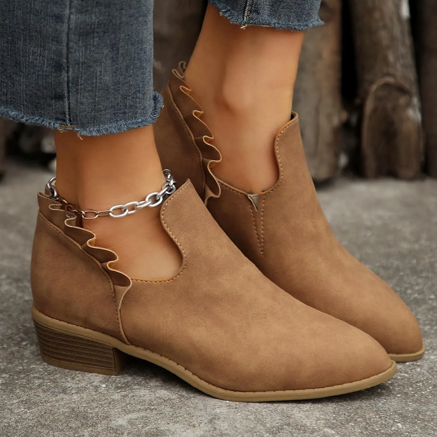 Cathalem Ankle Boots for Women, Womens Fall Cutout Booties Low Heels Stacked Ruffle Slip On Dress Short Boots Shoes