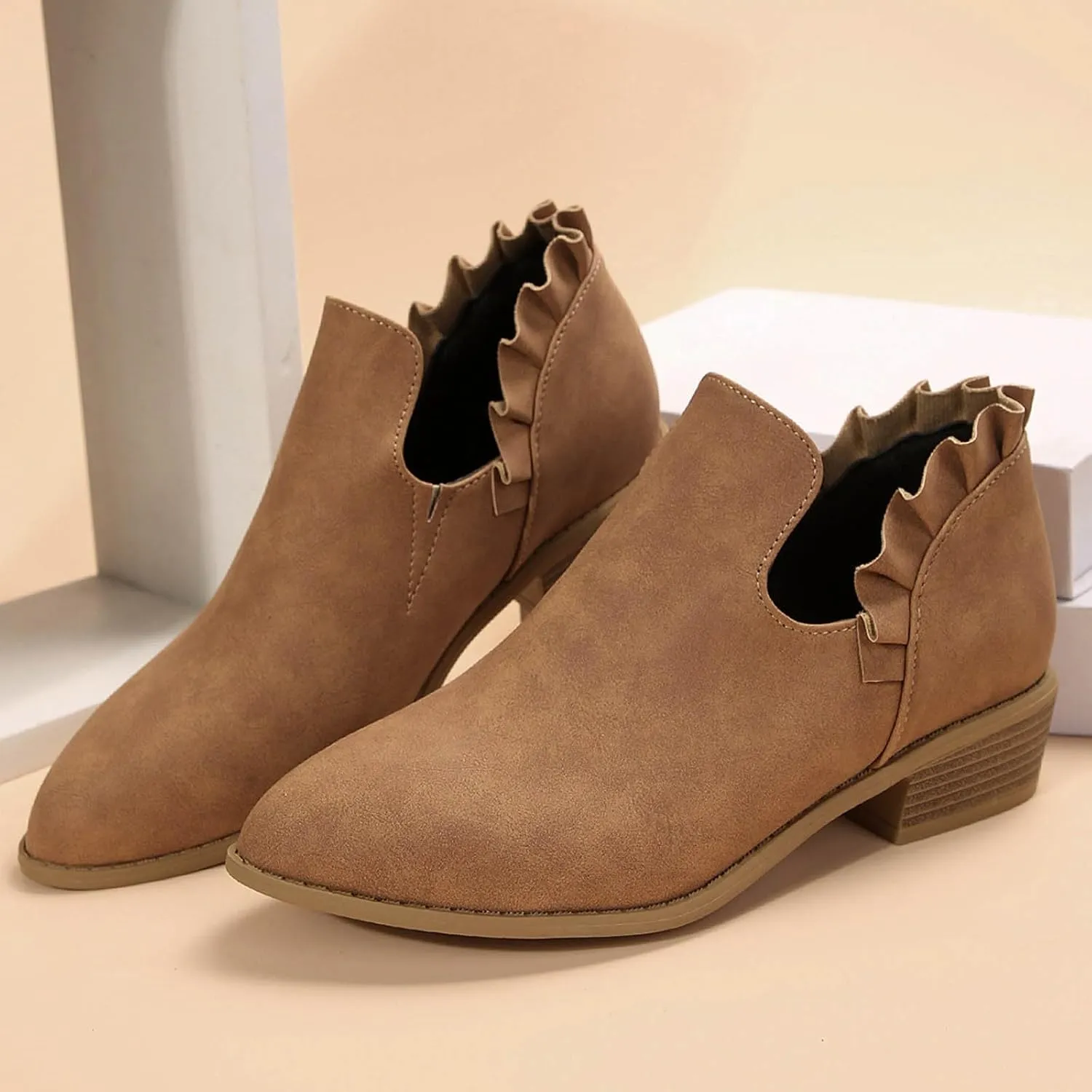 Cathalem Ankle Boots for Women, Womens Fall Cutout Booties Low Heels Stacked Ruffle Slip On Dress Short Boots Shoes