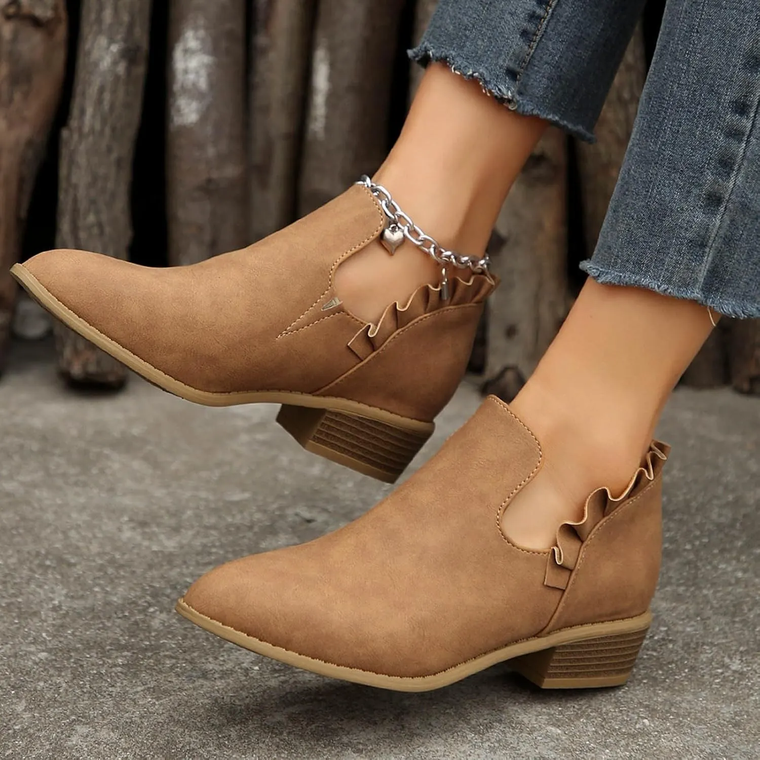 Cathalem Ankle Boots for Women, Womens Fall Cutout Booties Low Heels Stacked Ruffle Slip On Dress Short Boots Shoes