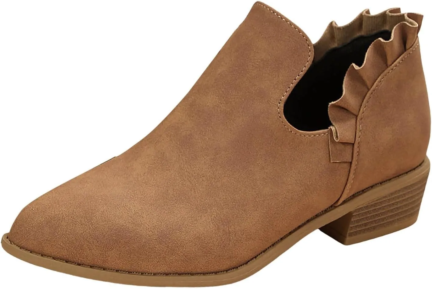 Cathalem Ankle Boots for Women, Womens Fall Cutout Booties Low Heels Stacked Ruffle Slip On Dress Short Boots Shoes