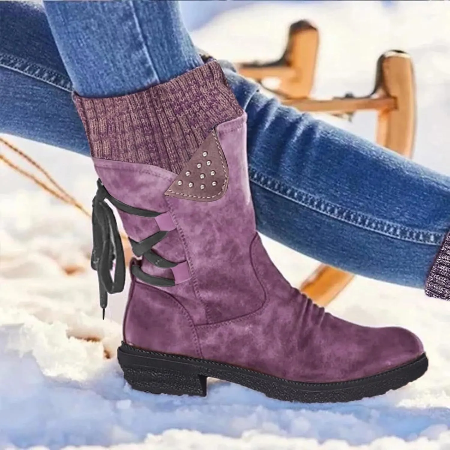 Cathalem Mid Calf Boots for Women Mid Calf Dress Boots Biker Motorcycle Riding Boots Women For Women Womens Winter Boots