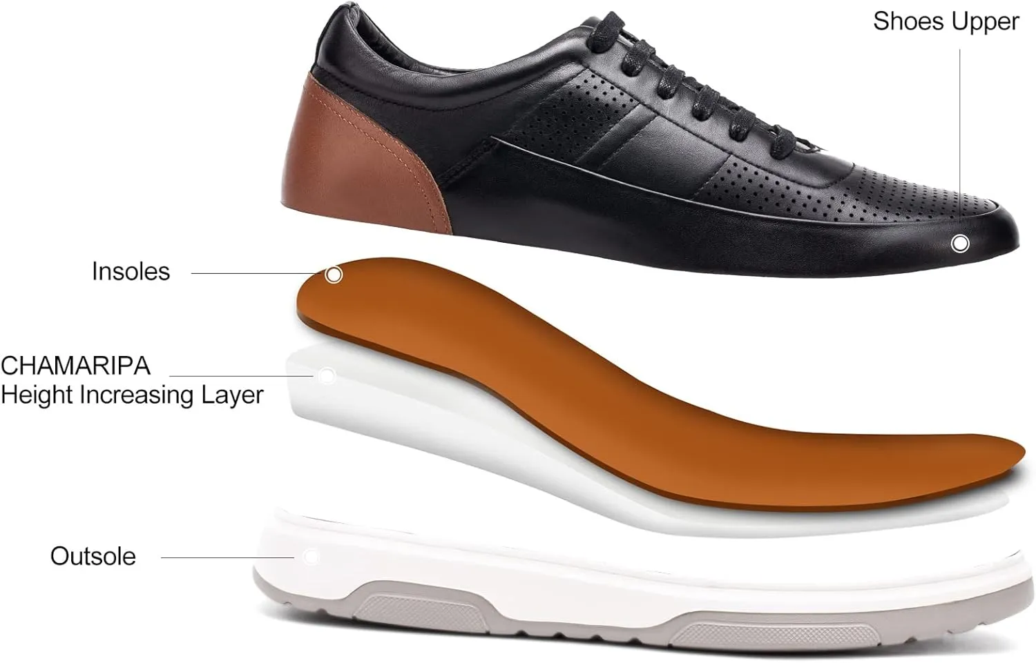 CHAMARIPA Hidden Heel Premium Leather Height Increase Low-Top Skate Shoes Men's Invisible Height Increasing Elevator Casual Fashion Sneaker