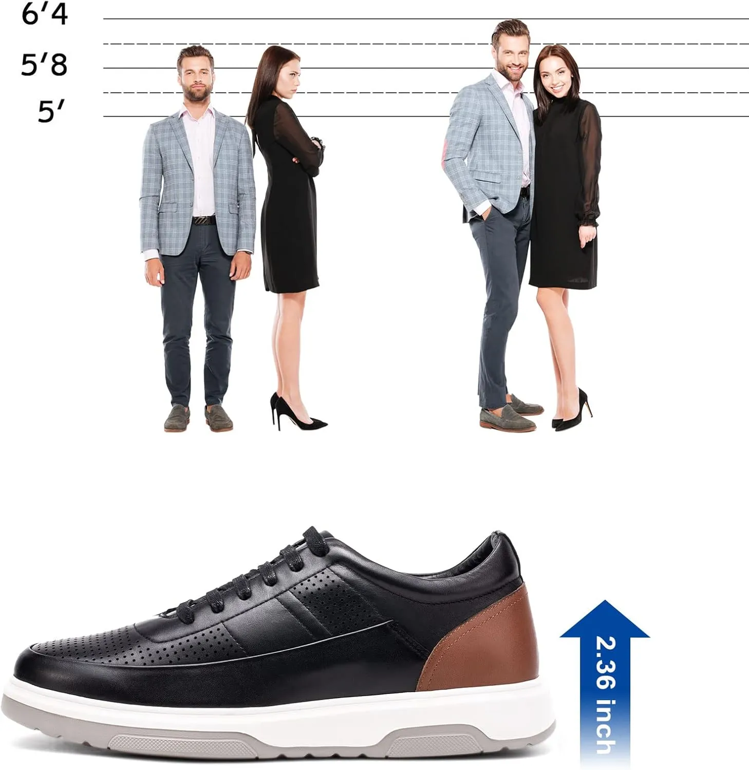 CHAMARIPA Hidden Heel Premium Leather Height Increase Low-Top Skate Shoes Men's Invisible Height Increasing Elevator Casual Fashion Sneaker