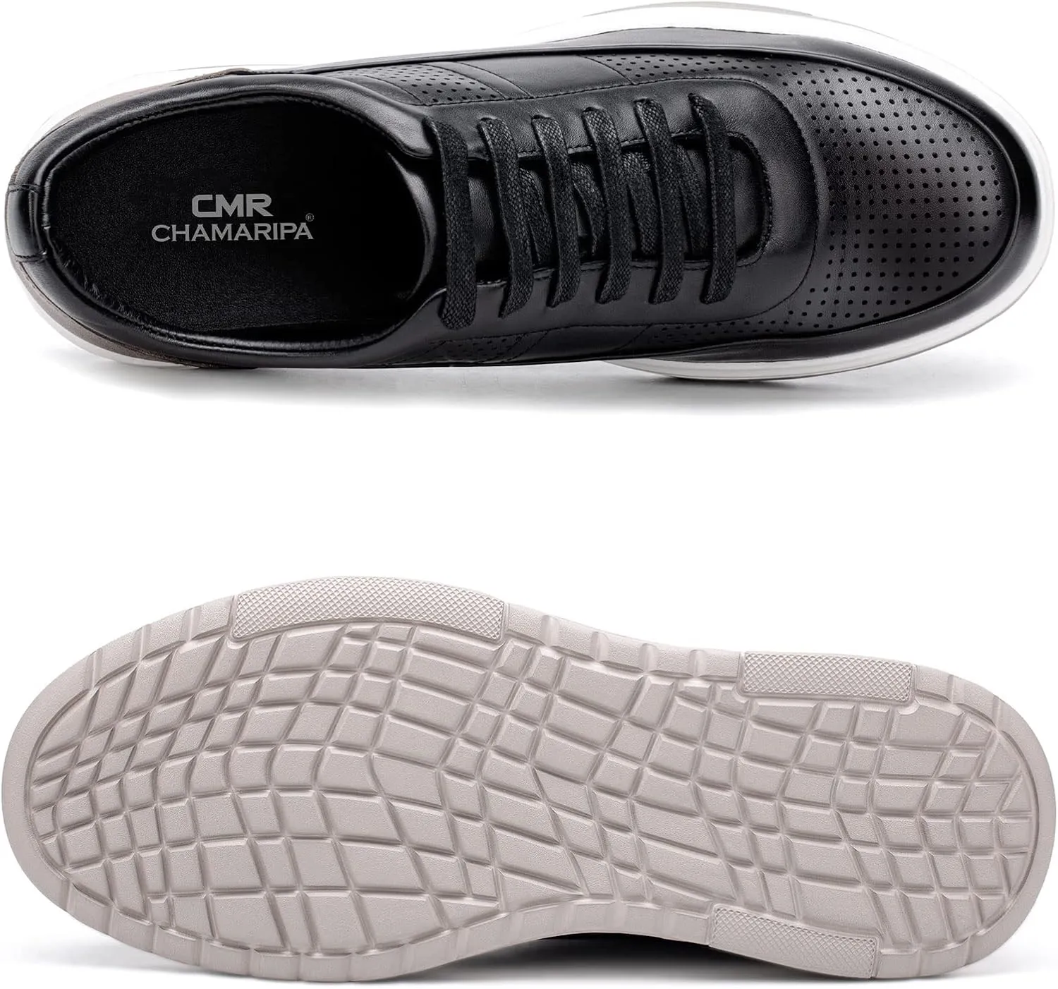 CHAMARIPA Hidden Heel Premium Leather Height Increase Low-Top Skate Shoes Men's Invisible Height Increasing Elevator Casual Fashion Sneaker