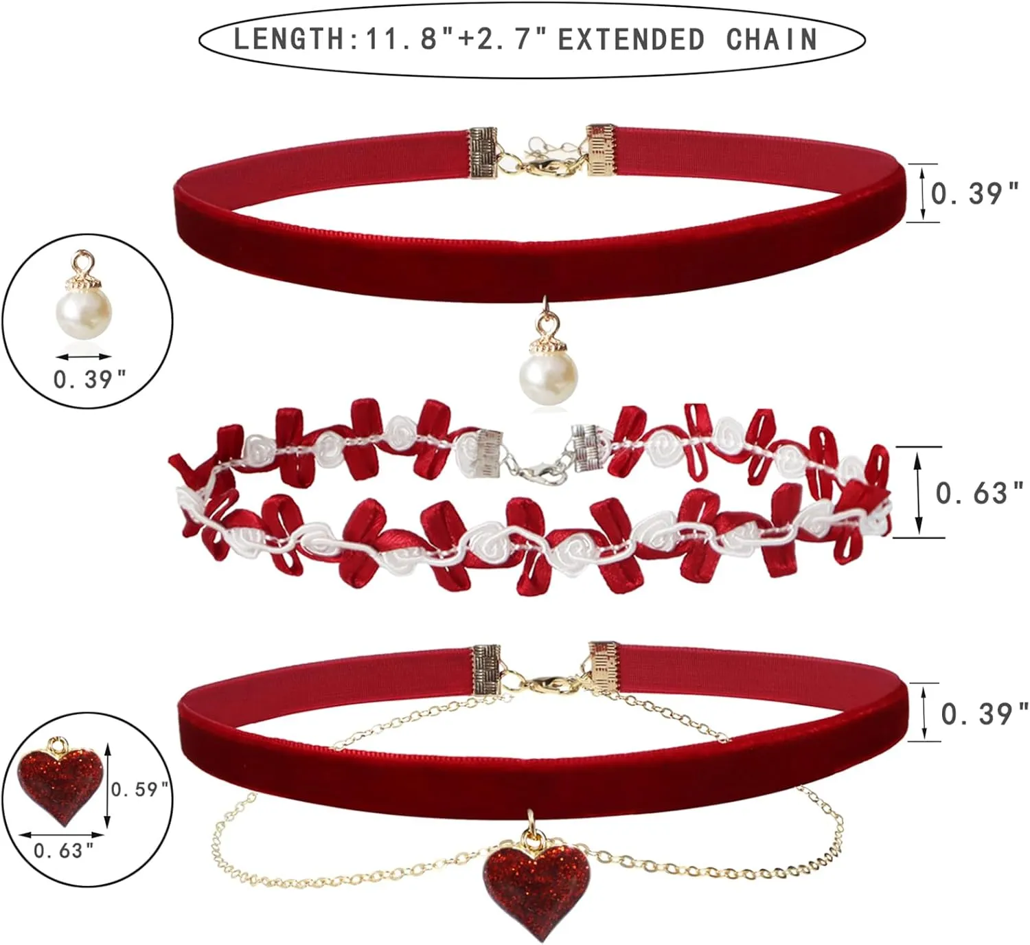 Choker Set 3 PCS Necklace Gothic Choker Heart Charm Velvet Gothic Classical Collars