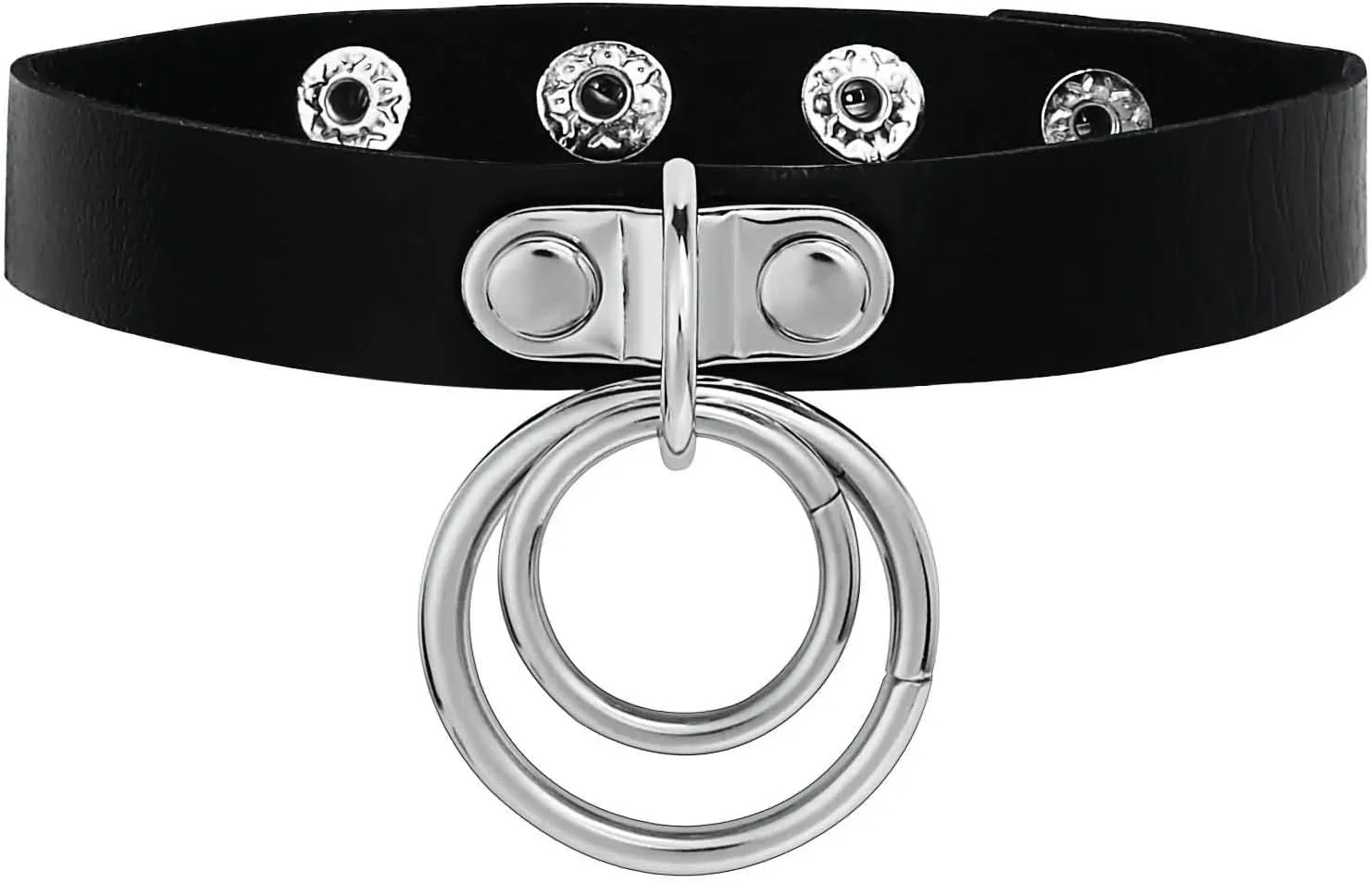 Chokers Necklaces for Women, Black Leather Choker Collar Double O Ring Silver Halloween Costume Accessories Anime Cosplay Gothic Gifts