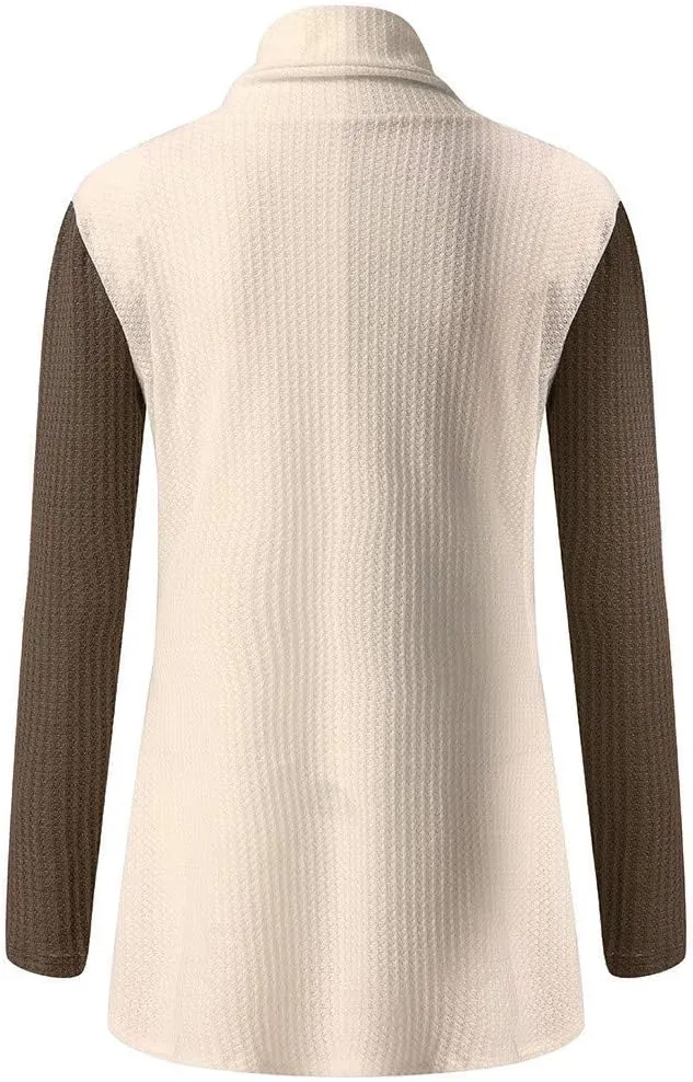 Chunky Sweaters Cowl Neck Color Block Asymmetric Hem Wrap Oversized Knit Sweaters Pullover Tops